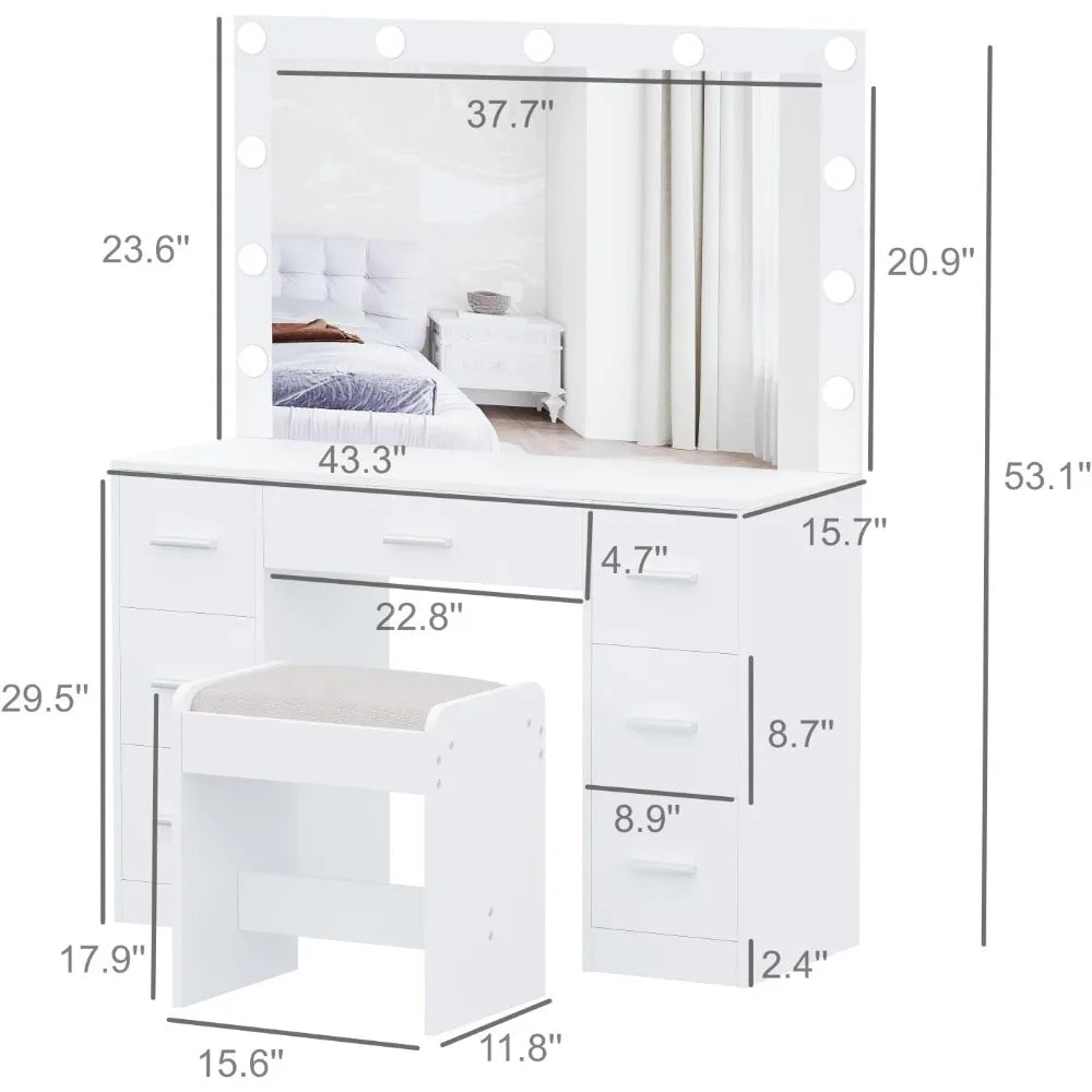 Ljustra Vanity Desk with Lighted Mirror Adjustable Brightness 7 Drawers