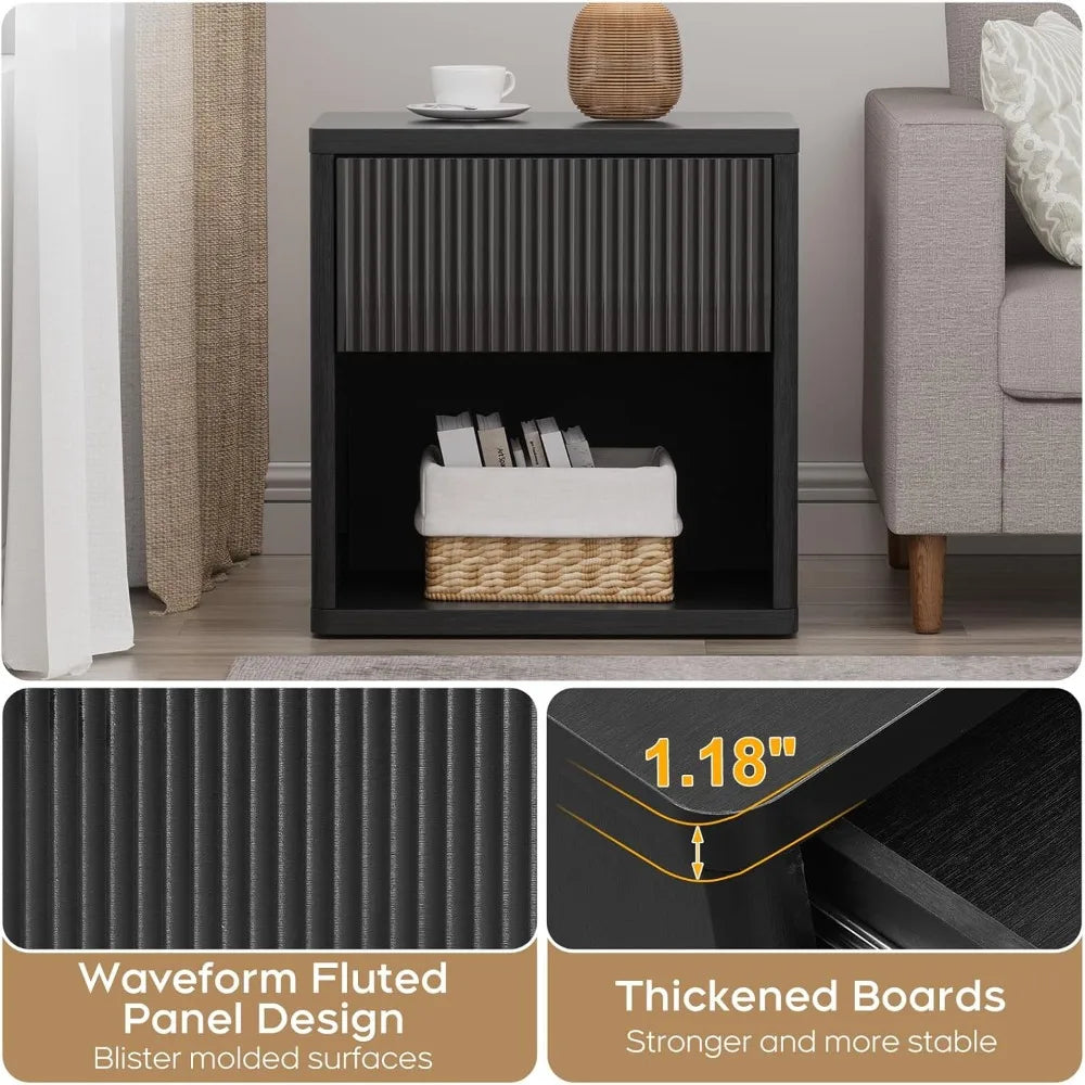 22.8" W Black Nightstand with Hidden Drawers Mid Century Modern Design