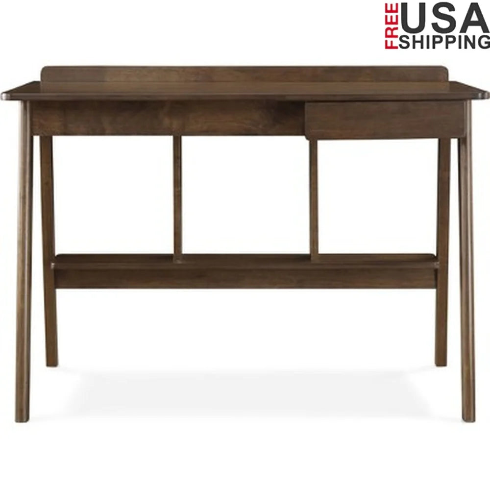 Compact Mid Century Modern Writing Desk Rubberwood Slim Profile Storage