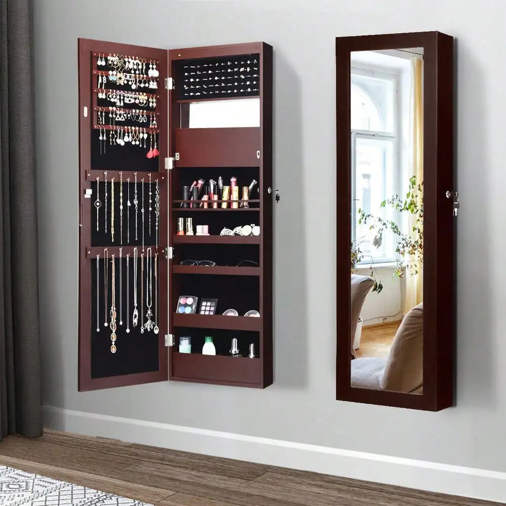 Lockable Wall Mounted Jewelry Cabinet Armoire Organizer with LED Lights