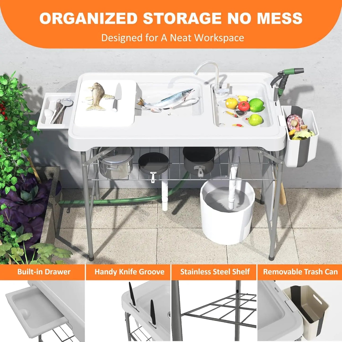 Folding Fish Cleaning Table with 2 Sinks Portable Camping Outdoor