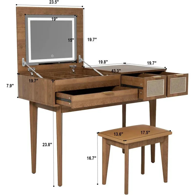 Ljustra LED Lighted Vanity Desk with Openable Mirror and Storage Stool