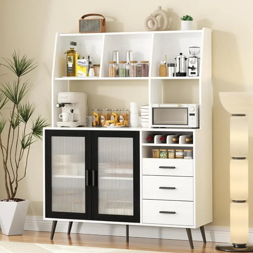Freestanding Hutch Pantry Cabinet with Drawers Glass Doors Wine Storage