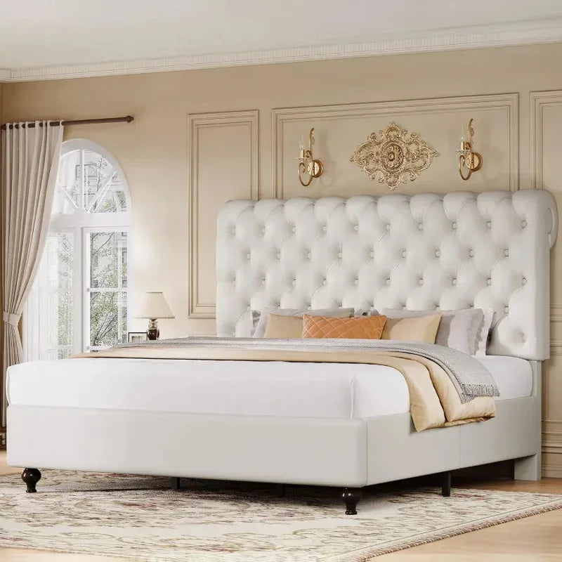 Ljustra King Size Platform Bed with 54 Inch Tall Headboard PU Leather