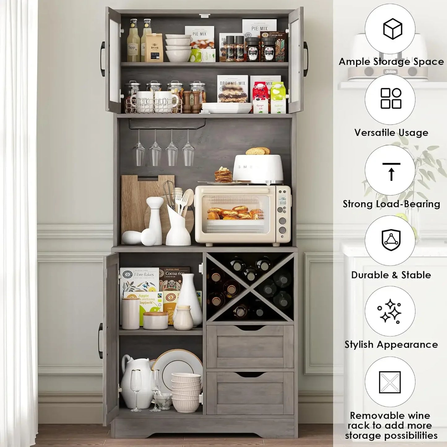 71 Inch Kitchen Hutch Pantry Cabinet Buffet Storage Adjustable Shelves