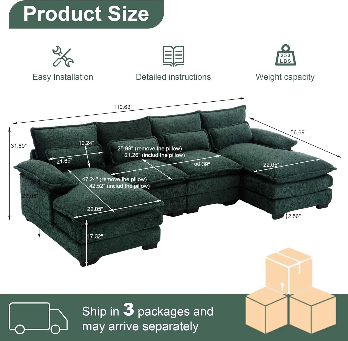 Ljustra U Shaped Cloud Couch 110 Inch Modular Sofa for Living Room