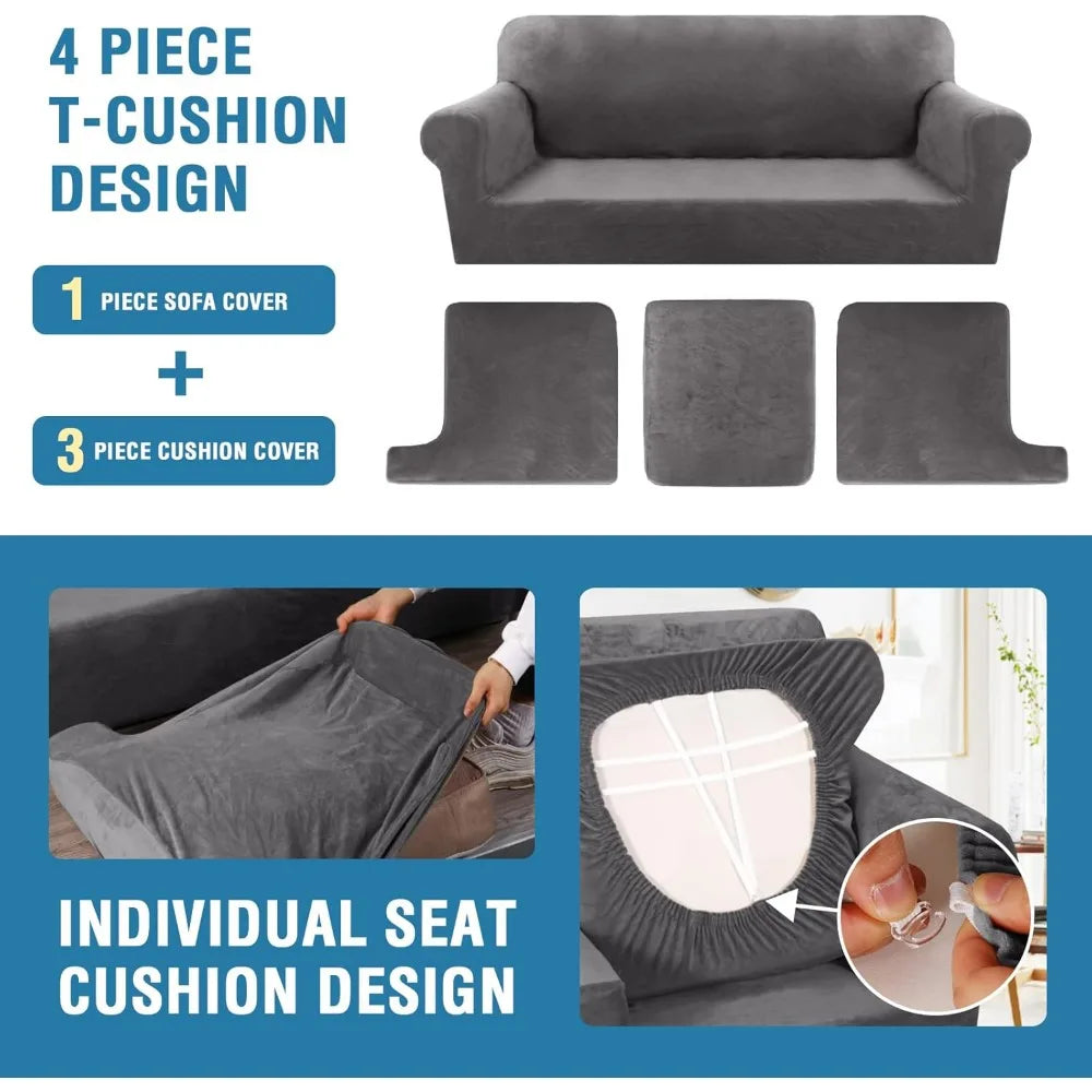 4-Piece Velvet Sofa Slipcover T-Cushion Stretch Fit | Couch Cover 72-90"