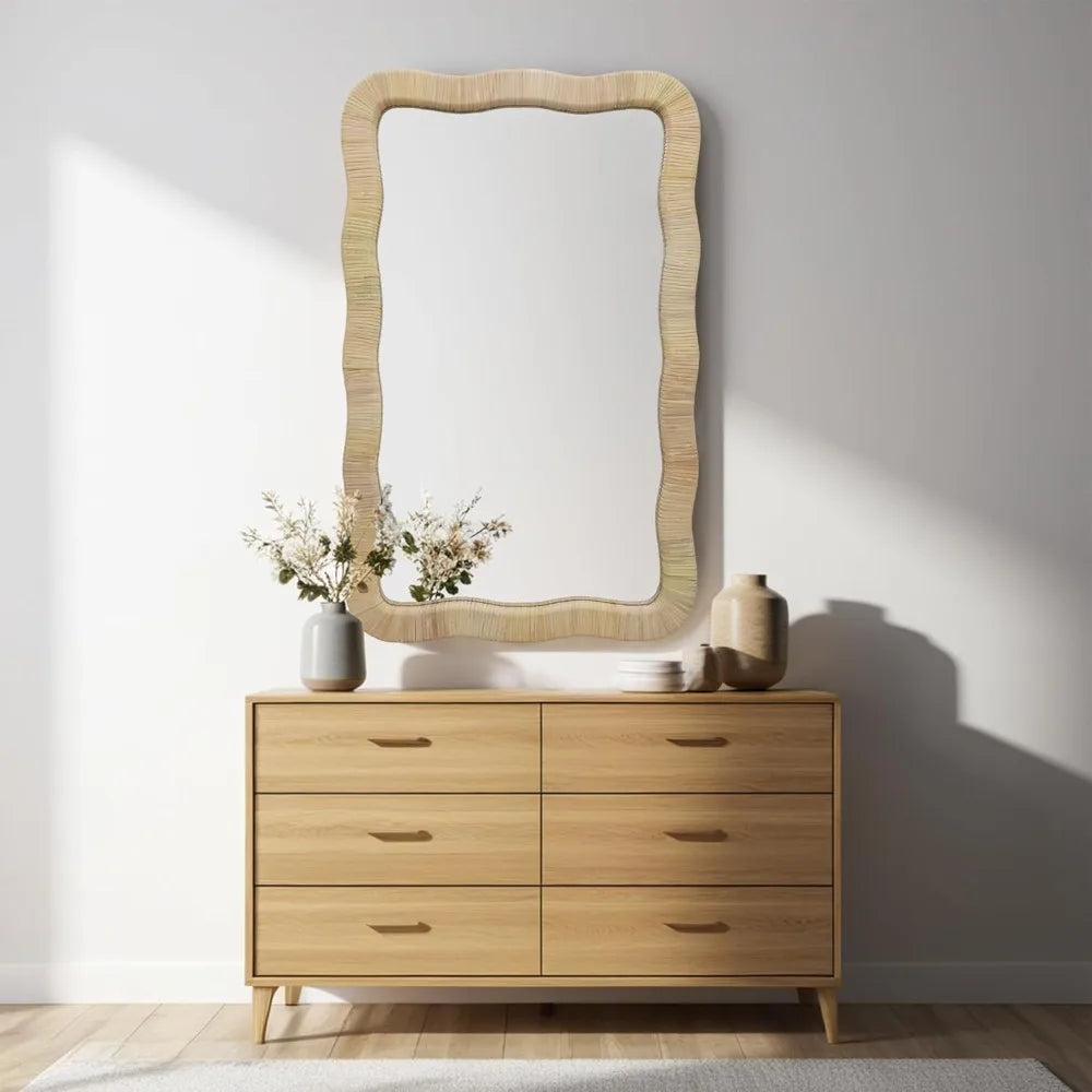 Rattan Wall Mirror Irregular Wave Decorative Mirror for Living Room Bedroom