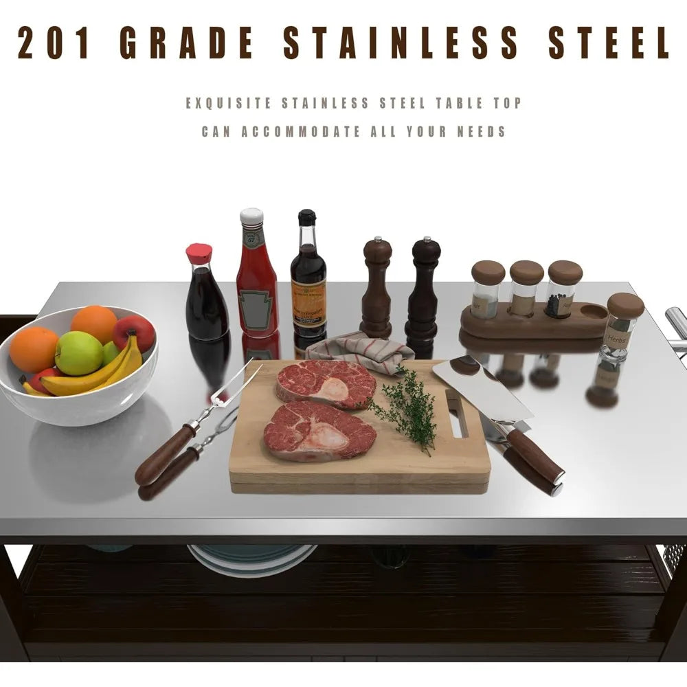 Outdoor Storage Cabinet Wood Prep Grill Table Stainless Steel Top