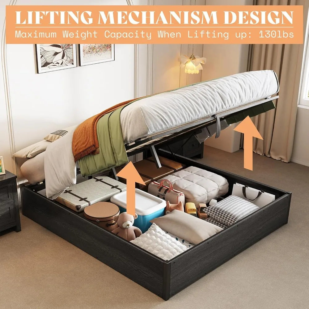 Ljustra Lift Up Storage Bed Frame Queen Wooden Platform Industrial Rustic