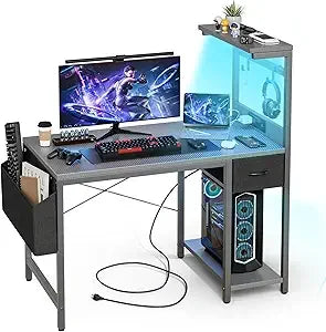 Gaming Desk 47 Inch with Power Outlet LED Light and Storage Drawer