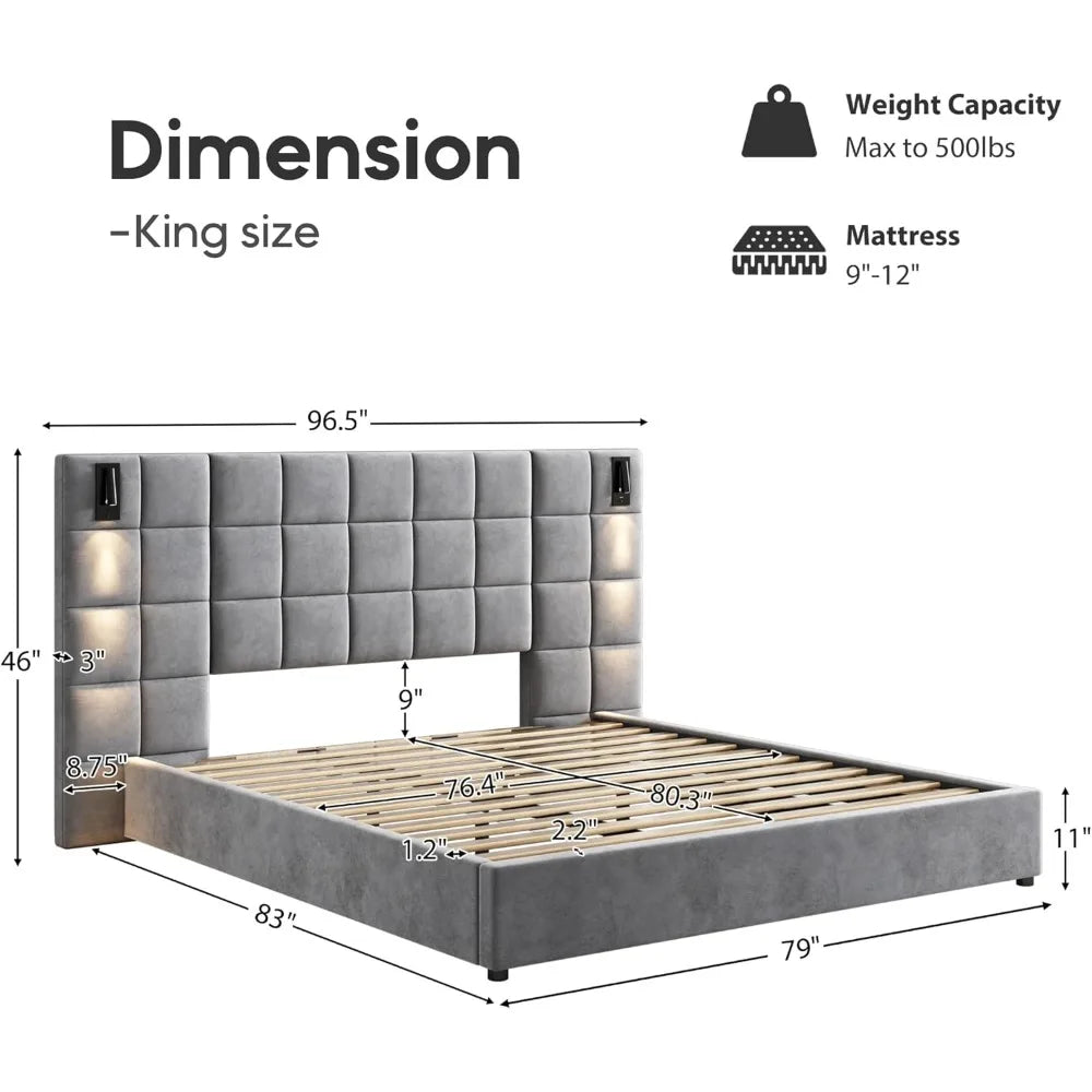King Platform Bed Frame with Velvet Headboard and LED Sconces