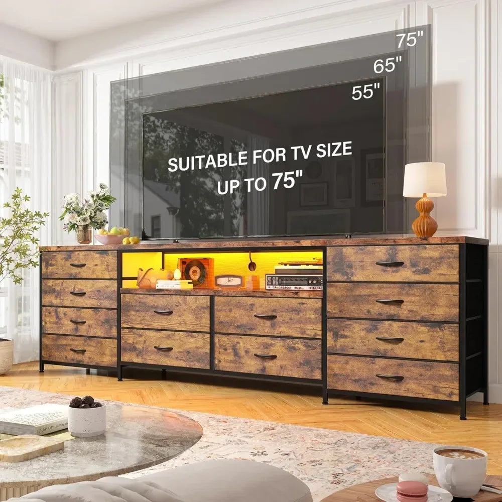 Ljustra 75 Inch TV Stand Dresser with LED Lights 12 Drawers and Outlets