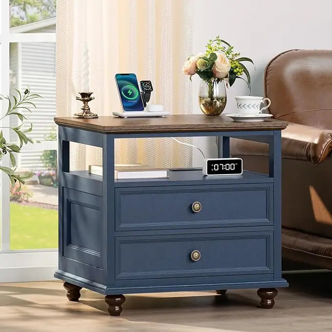 Farmhouse Nightstand with Charging Station 2 Drawers White End Table