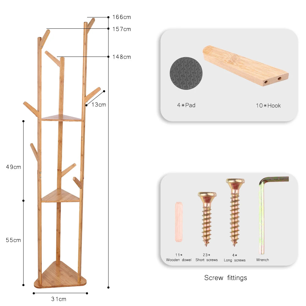 Bamboo Coat Rack Tree with 9 Hooks and 3-Layer Shelf Stand for Home
