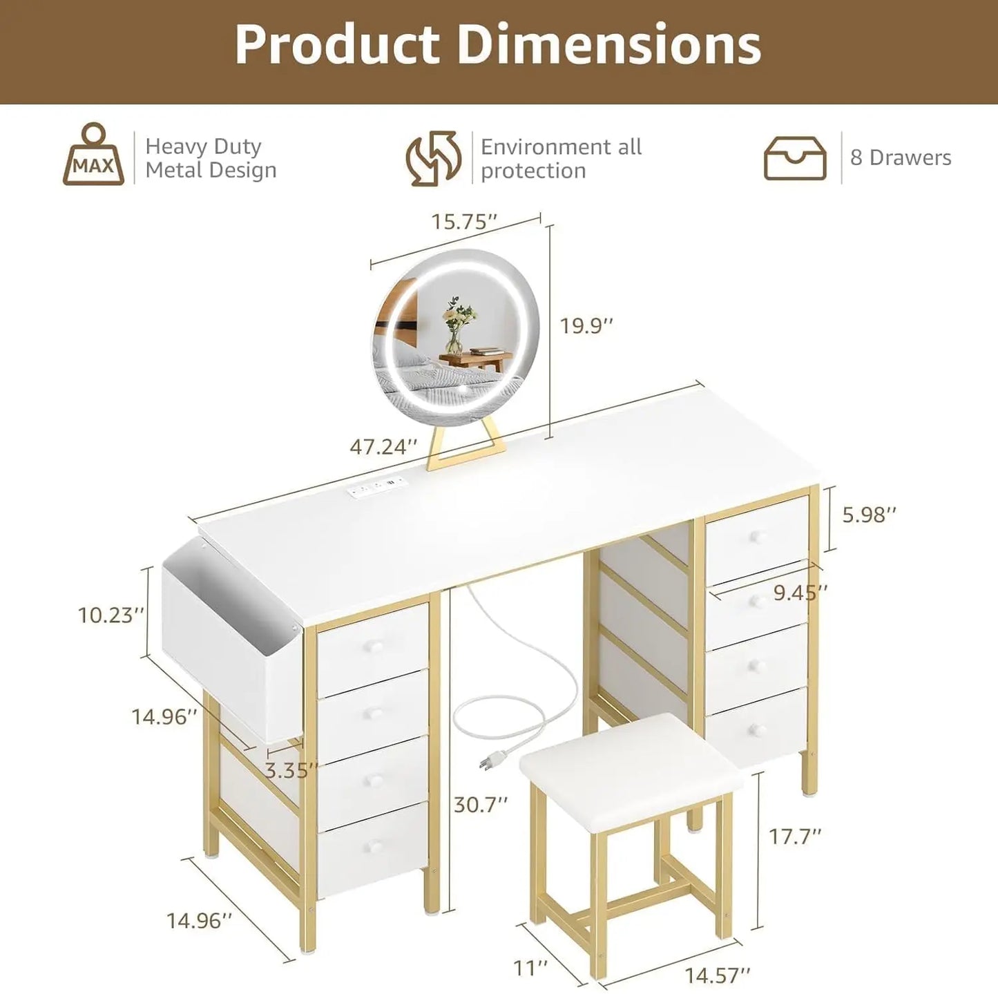 Ljustra Vanity Desk with Lighted Mirror and Chair 8 Drawers Power Outlet
