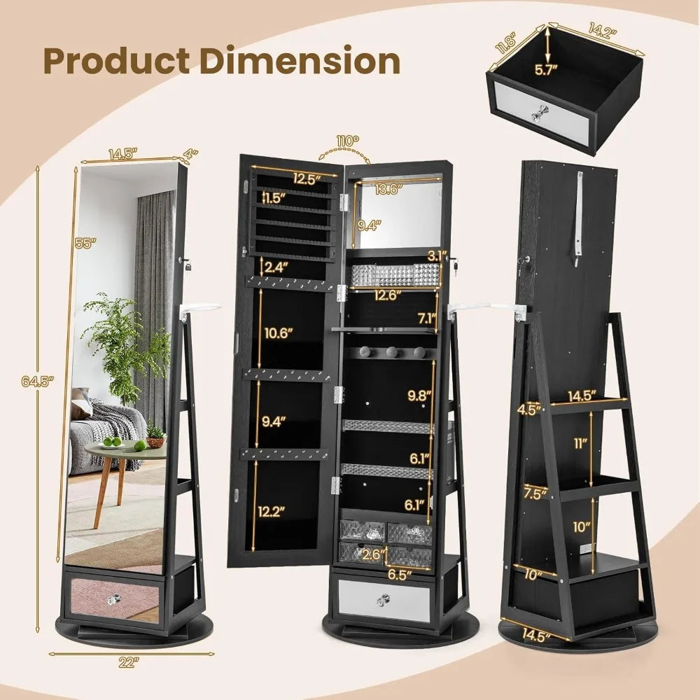 360 Swivel Jewelry Cabinet Armoire Full Length Mirror LED Organizer