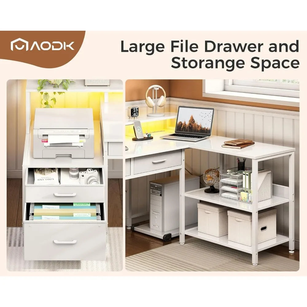 L Shaped Desk with 5 Drawers Reversible Power Outlet LED Lights Storage