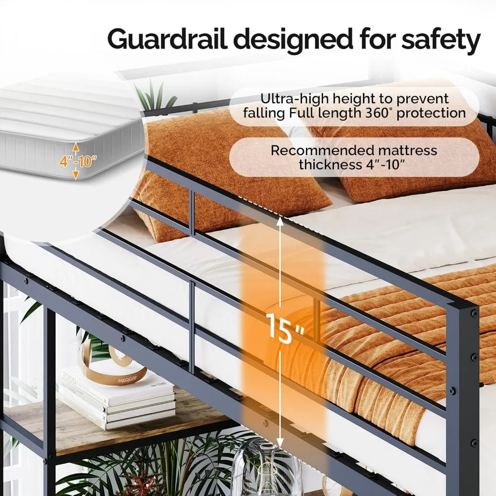 Ljustra Twin Metal Loft Bed Frame with Desk and Charging Stations
