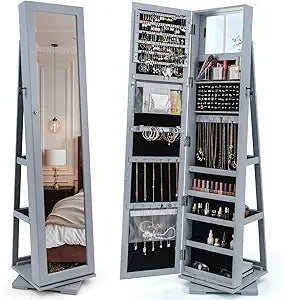 360° Swivel Jewelry Armoire Full Length Mirror Lockable Cabinet Organizer
