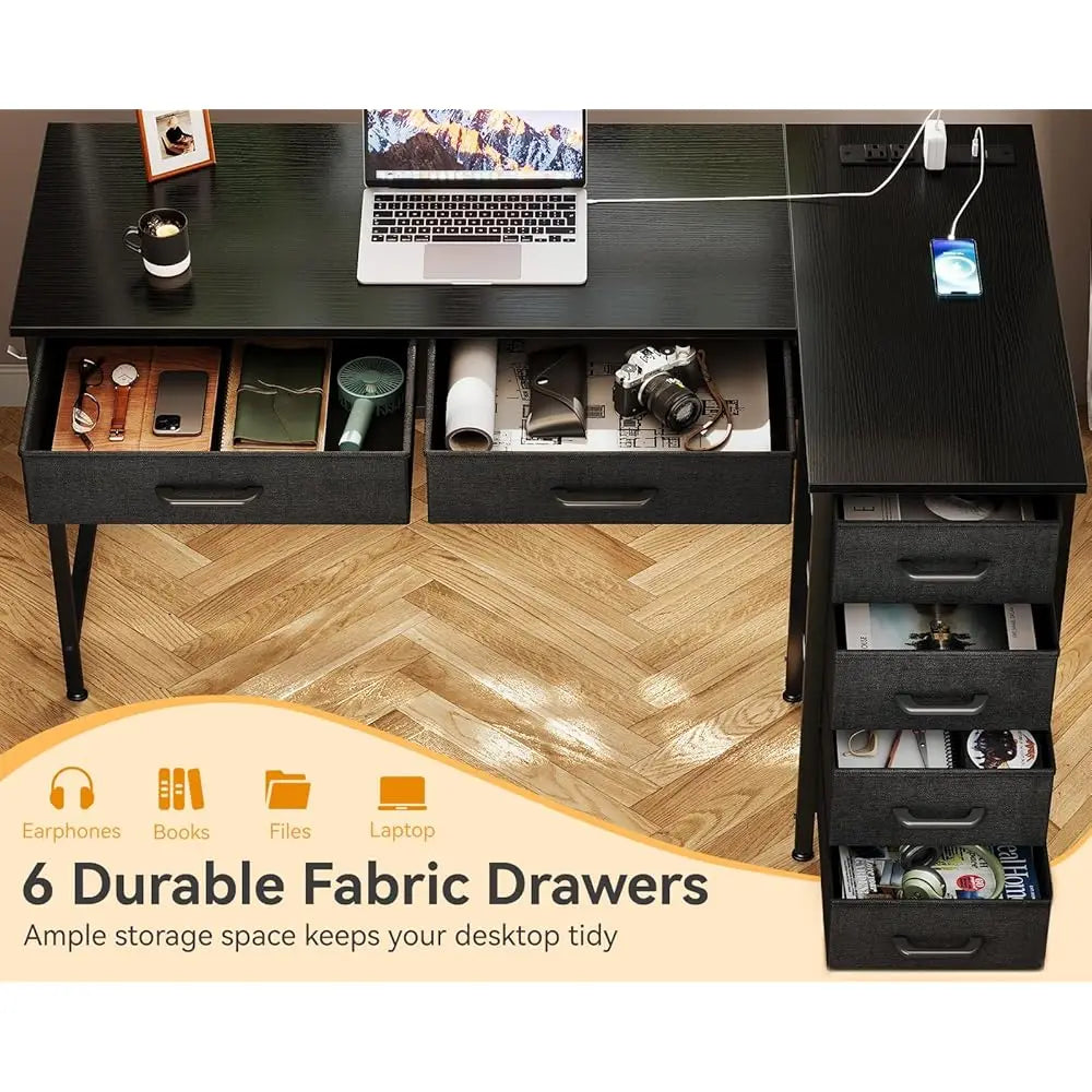 L Shaped Desk With Drawers Power Outlets Reversible Home Office Desk