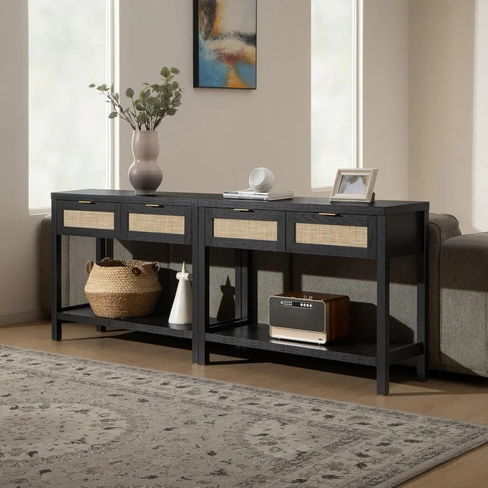 Black Console Table Set of 2 Boho Entryway Table with Rattan Drawers