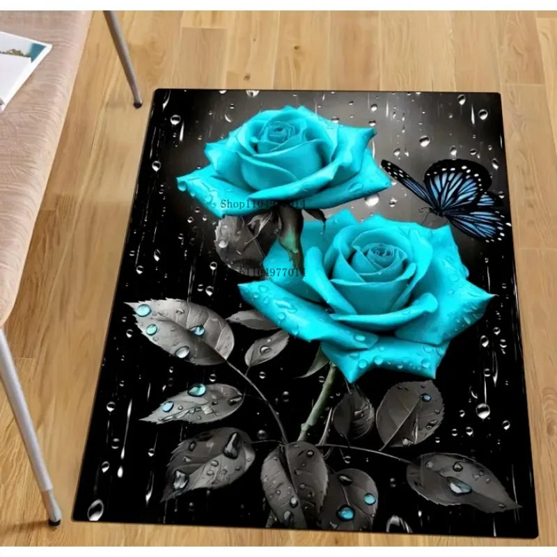 Blue Rose Pattern Carpet Soft Non-Slip Mat for Kitchen Bathroom Living Room