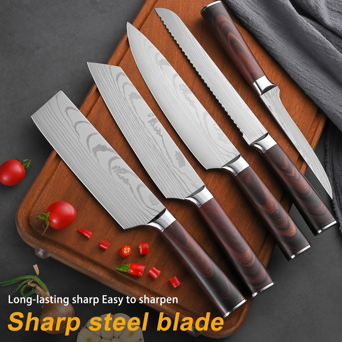 Large Mahogany Kitchen Knife Set Stainless Steel Chef Knives 1-5 Pieces