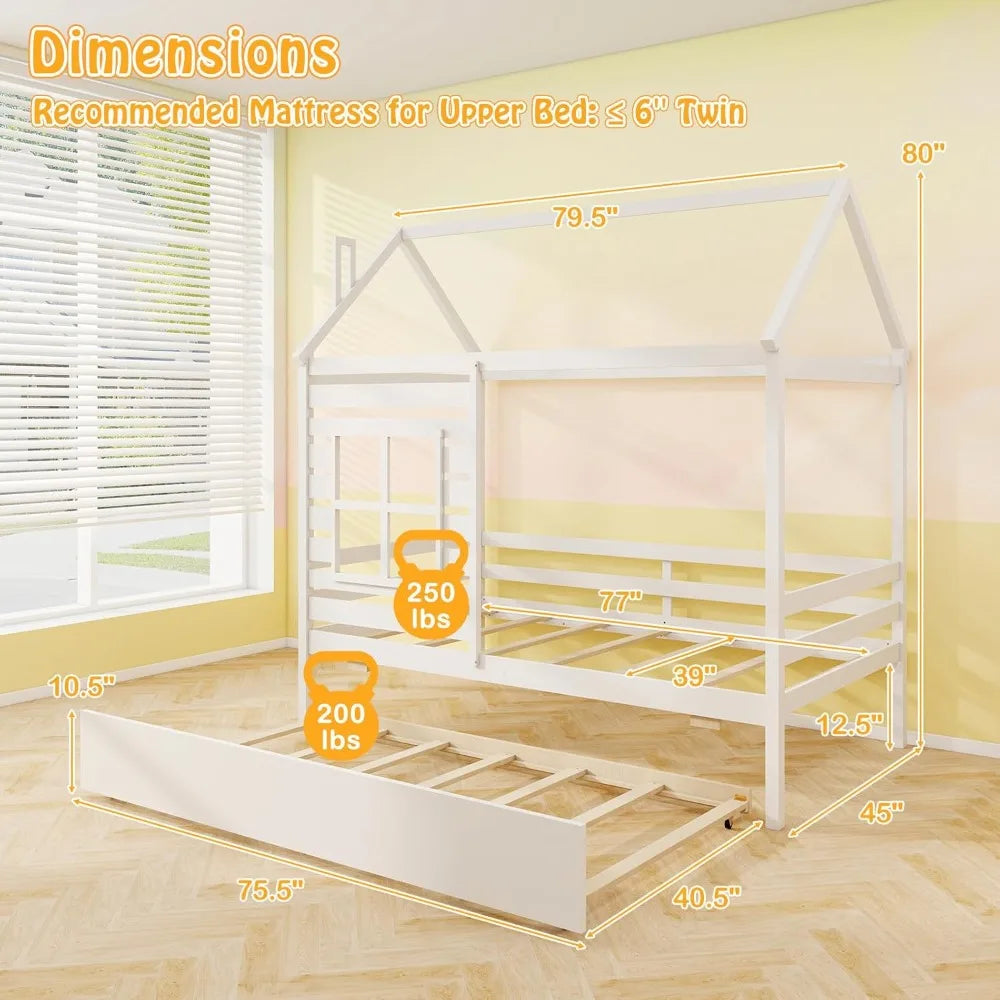 Twin Size Wooden House Bed with Trundle and Playhouse Features