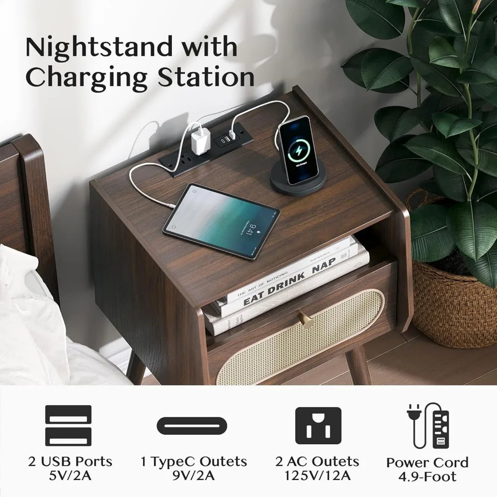 Rattan Night Stand Set 2 with Charging Station Mid Century Modern Table