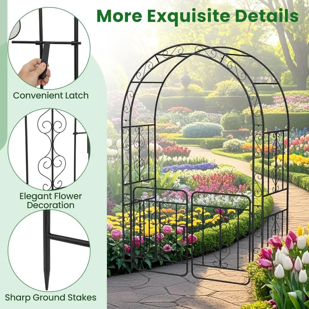 Garden Arbor with Gate Metal Arch Trellis for Climbing Plants 84" H