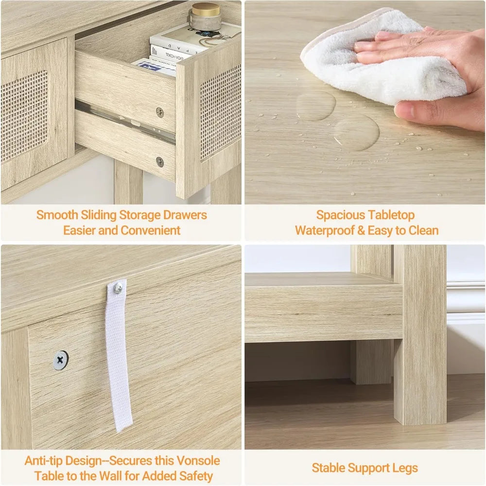 Ljustra 51.2" Rattan Console Table Narrow Entryway Sofa Table 3 Drawers