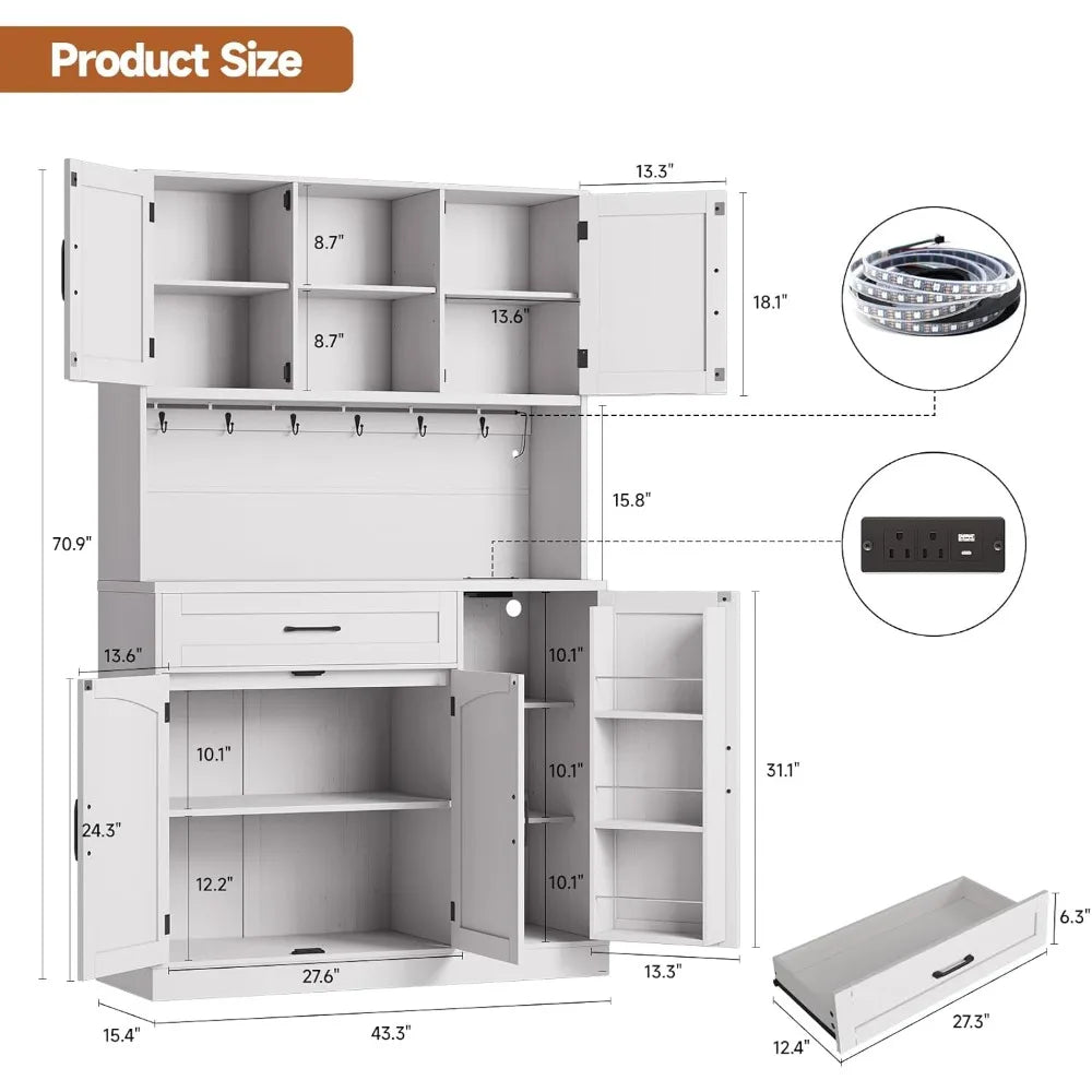 71 Inch Kitchen Pantry Cabinet Storage with LED Light & Charging Outlet
