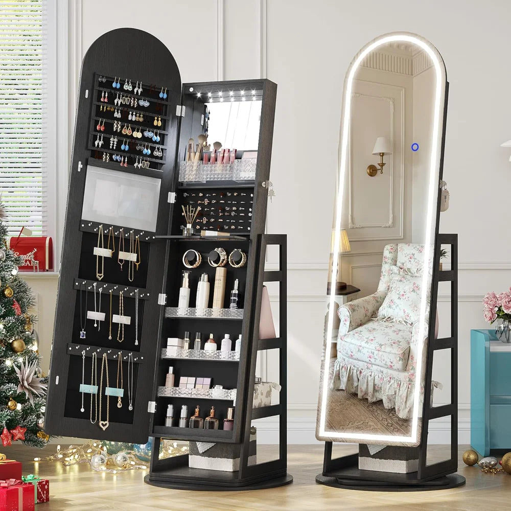 LED Mirror Jewelry Cabinet Lockable Standing Armoire with Adjustable Lights