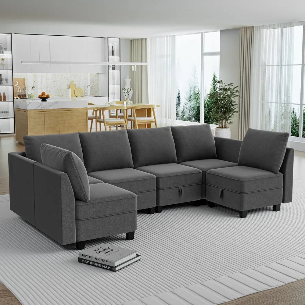 Modular Convertible Sectional Sofa 6-Seat U/L Shape Couch Storage Grey White