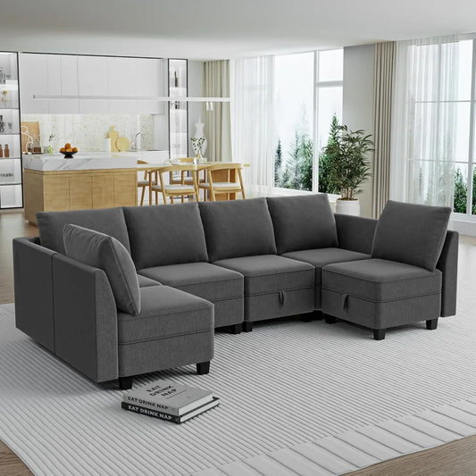 Modular Convertible Sectional Sofa 6-Seat U/L Shape Couch Storage Grey White