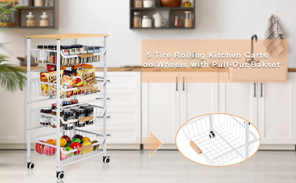 5 Tier Rolling Metal Cart with Drawers Wheels Multi Room Storage