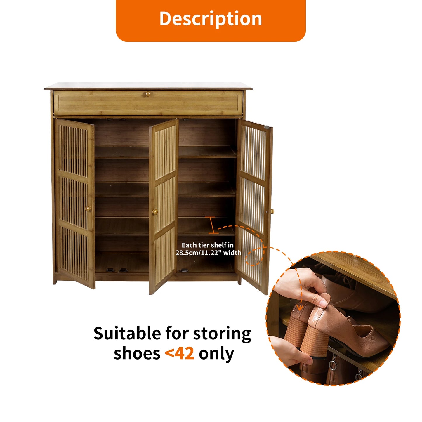 4 Tier Bamboo Shoe Storage Cabinet Wooden Shoes Rack with Hollow Doors