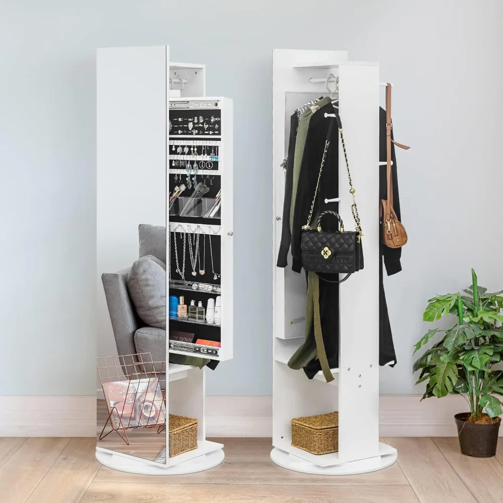 Jewelry Armoire Full-Length Mirror 360° Rotating Organizer Cabinet Storage