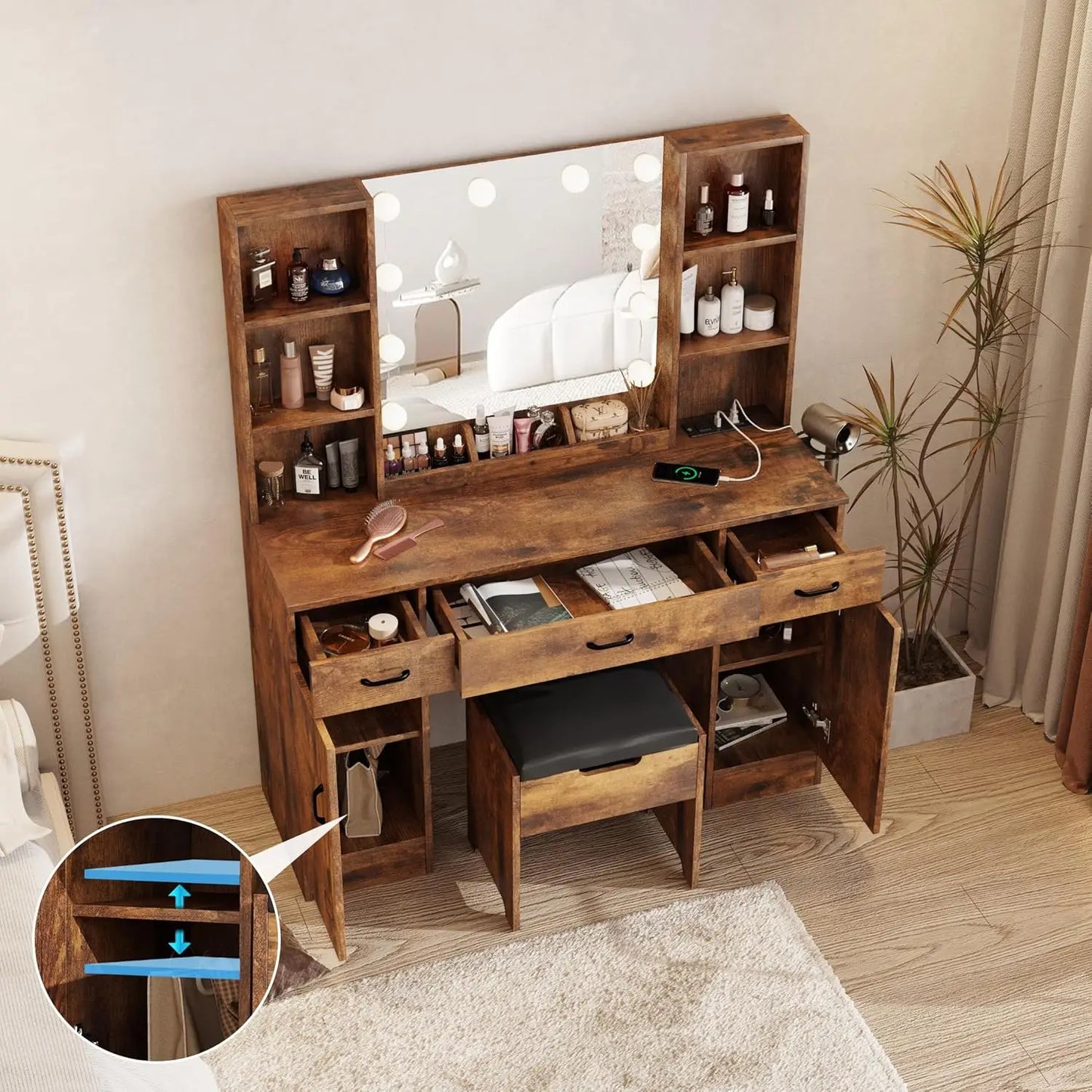 Makeup Vanity Table with Lighted Mirror and Storage 3 Lighting Modes