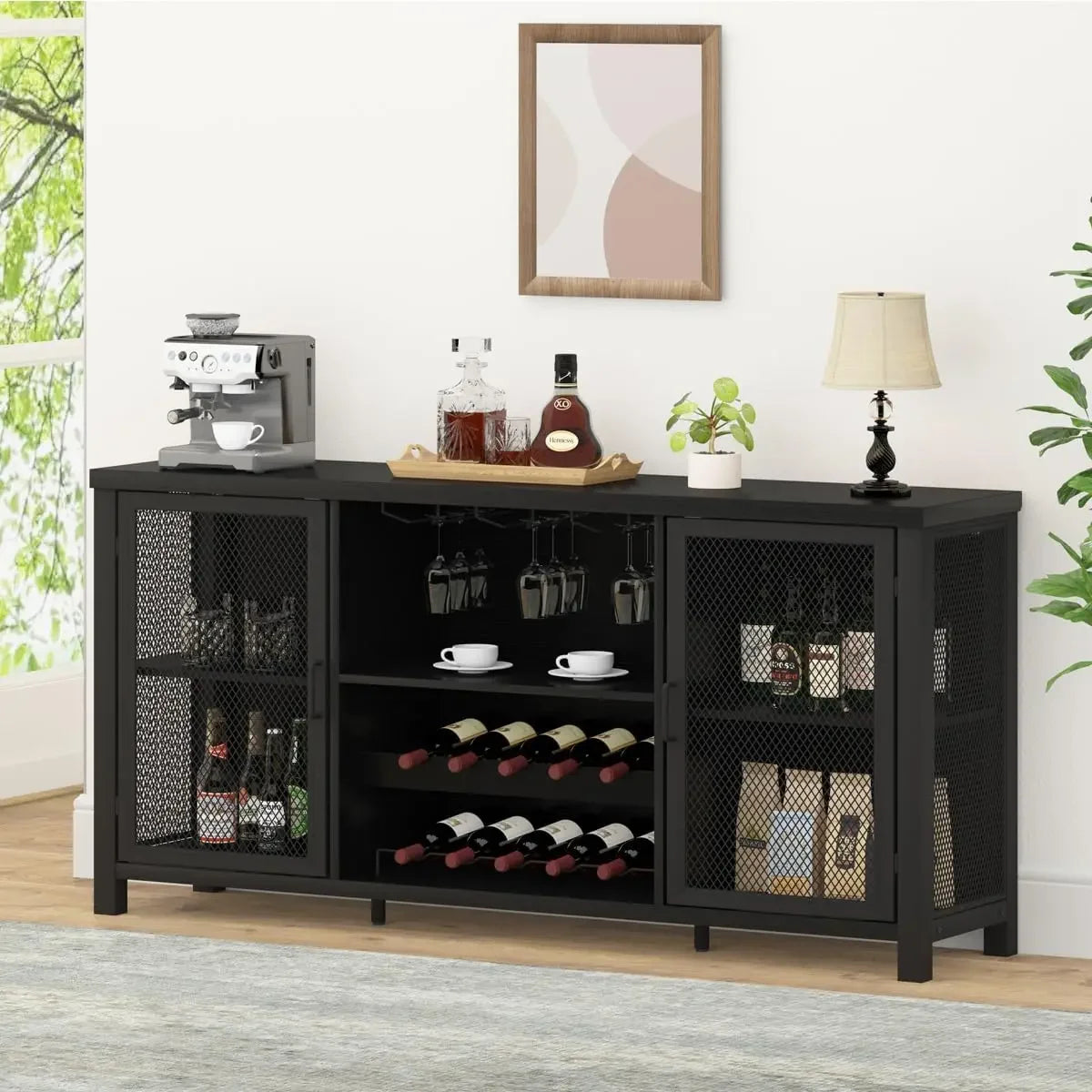 Black Wine Bar Cabinet Coffee Bar Buffet Storage Industrial Style