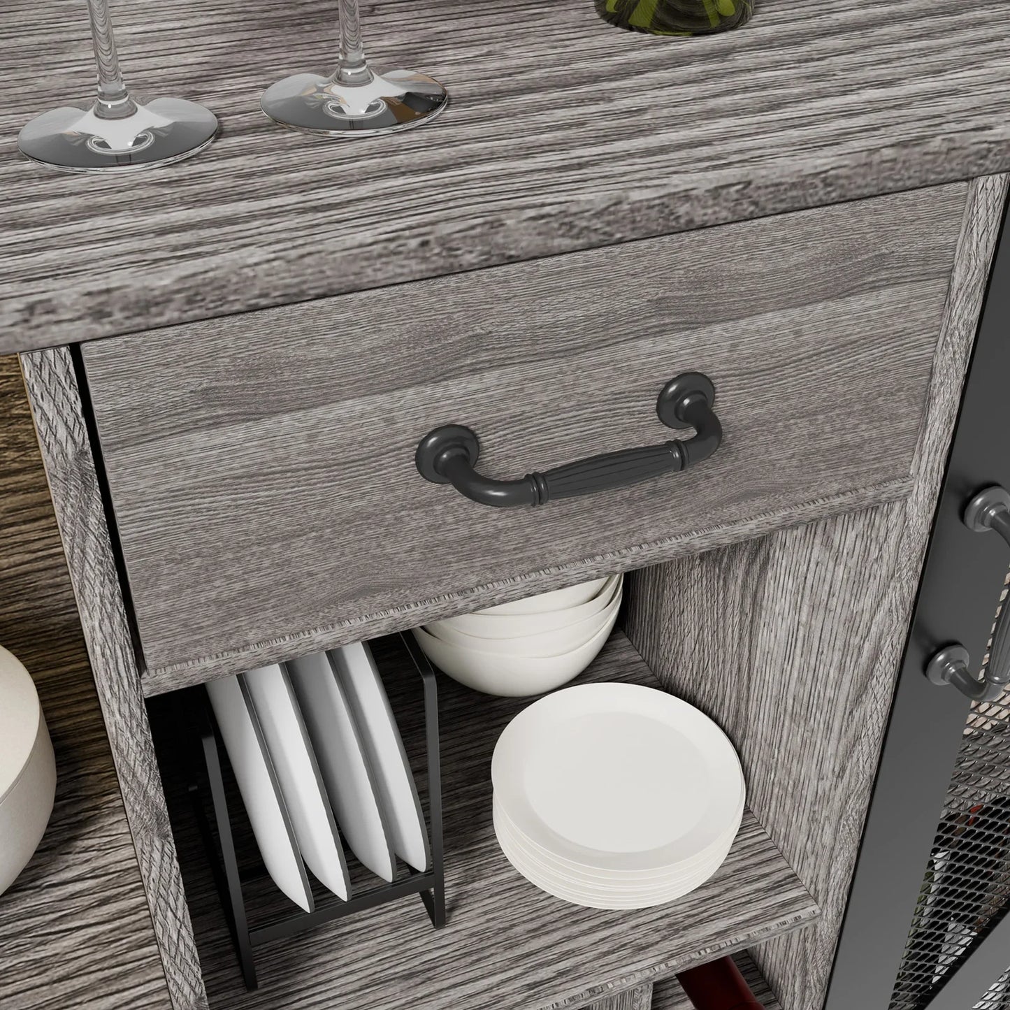 55 Inch Vintage Wooden Bar Cabinet with Drawer for Kitchen Dining Room