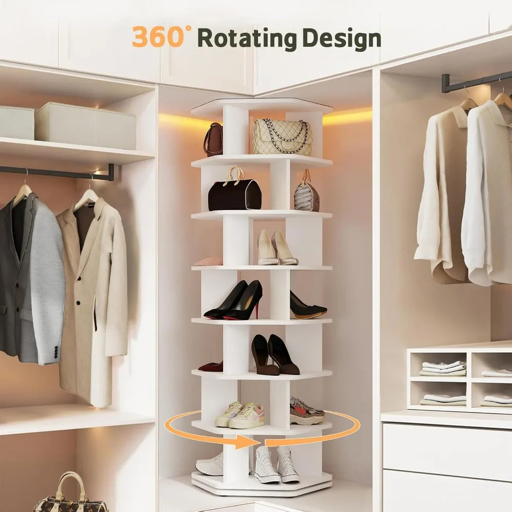 7 Tier Rotating Shoe Rack Wooden Spinning Organizer 360 Storage Tower
