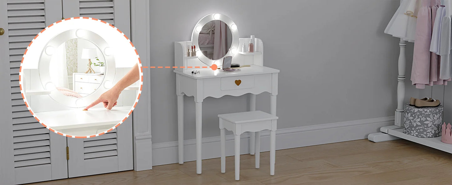 Kids Vanity Set with Mirror Stool Lights for Girls Pretend Play Furniture