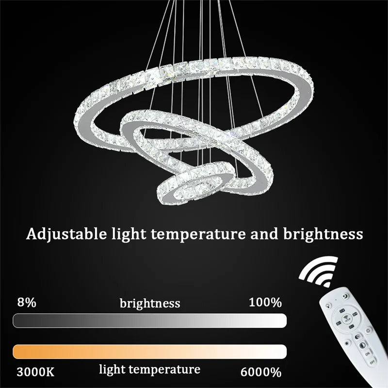 Modern Crystal Rings LED Chandelier Luxury Ceiling Lamp Remote Control