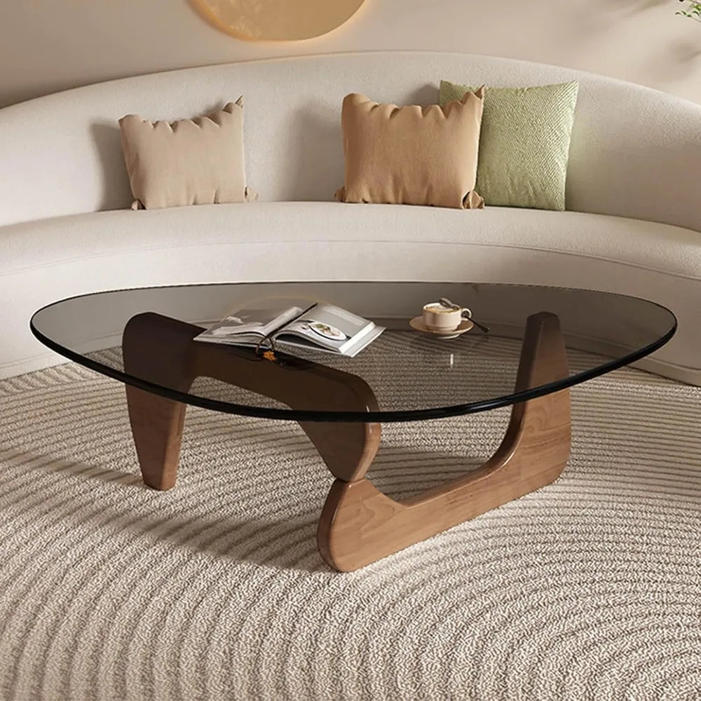 Triangular Glass Coffee Table with Wooden Base Mid-Century Modern Style