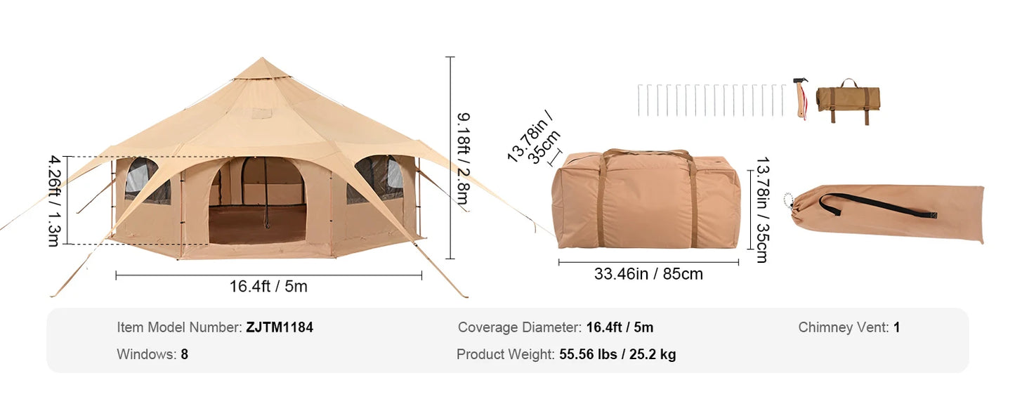 Ljustra Canvas Bell Tent 5m Yurt Tent for Camping with Stove 8 People