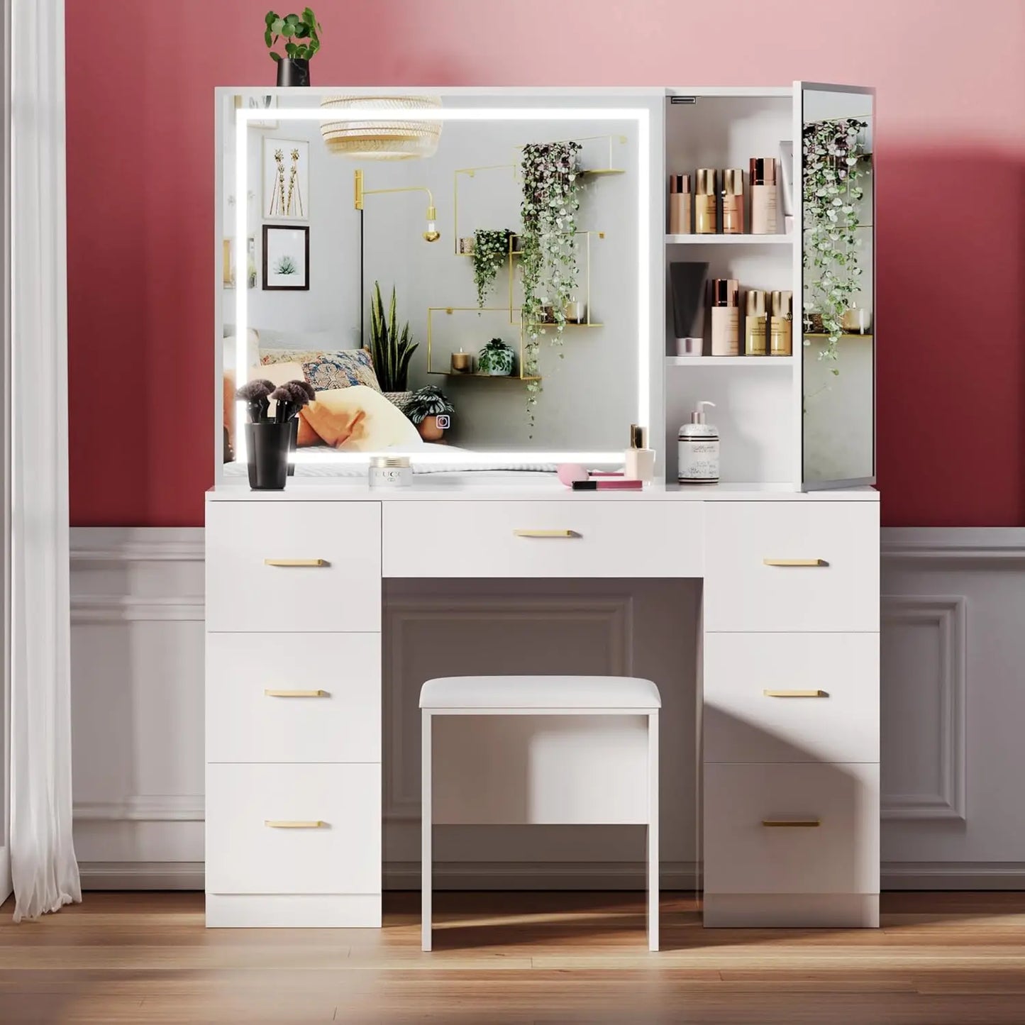 Modern Vanity Desk with Lighted Mirror Charging Station Makeup Table