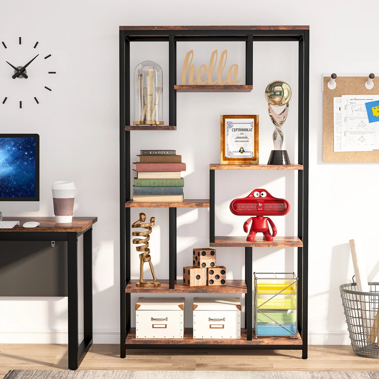 Ljustra Modern 8-Tier Staggered Bookcase Wide Wood Etagere Shelving Unit