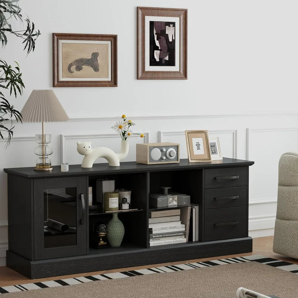 Farmhouse TV Stand Modern Wood Console Table with Glass Shelves and Drawers